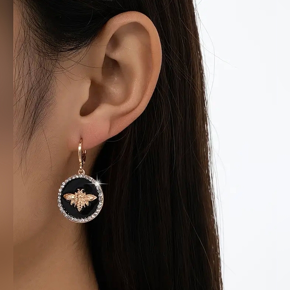 Black, Gold & Bling Bee Dangle Earrings - Picture 3 of 4